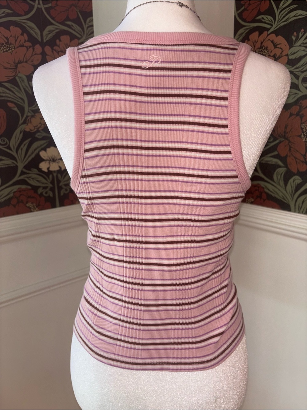 PINK Striped Ribbed Tank Top Built-In Bra Y2K Preppy - Picture 8 of 10